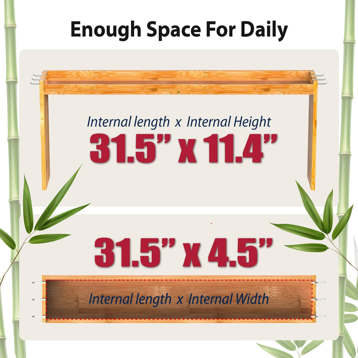 IIIOIIIA Bamboo Over the Stove Spice Shelf for Kitchen, 31.5" Spice Rack Organizer Shelf with 6 hooks, 11.4" Height Extra Storage Countertop, Easy to Assemble IIIOIIIA