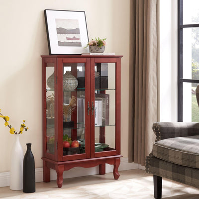 CKEASEAN Curio Cabinet with Tempered Glass Doors, Corner Display Cabinet with Lights,China Storage Cabinet with Mirrored Back Panel and Adjustable Shelves for Bedroom, Living Room (Cherry)