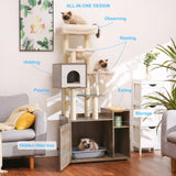 Hey-brother Cat Tree with Litter Box Enclosure, Modern Cat Tower for Indoor Cats with Large Platform, Condo Food Station and 2 Hammocks, All-in-one Cat Furniture, Wood Rustic Gray MPJ115SG Hey-brother