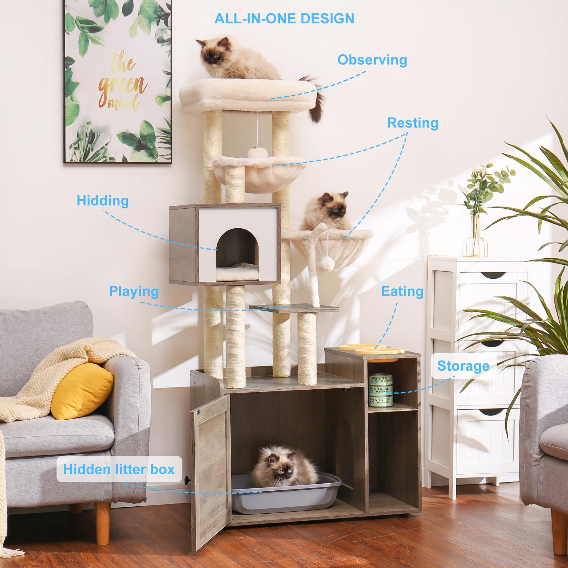 Hey-brother Cat Tree with Litter Box Enclosure, Modern Cat Tower for Indoor Cats with Large Platform, Condo Food Station and 2 Hammocks, All-in-one Cat Furniture, Wood Rustic Gray MPJ115SG - WoodArtSupply