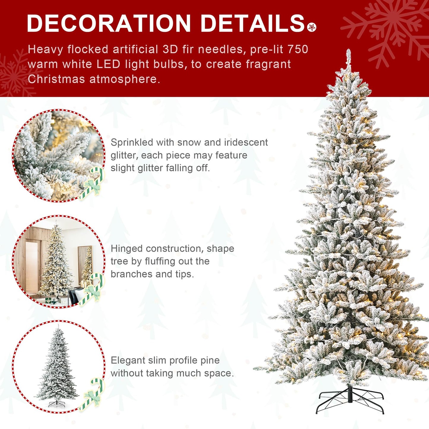 Glitzhome 10ft Pre-Lit Flocked Fir Christmas Tree, Hinged Artificial Christmas Tree with 750 Warm White Lights and Metal Base for Holiday Decoration