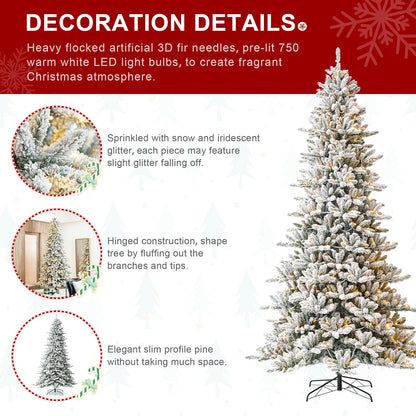 Glitzhome 10ft Pre-Lit Flocked Fir Christmas Tree, Hinged Artificial Christmas Tree with 750 Warm White Lights and Metal Base for Holiday Decoration