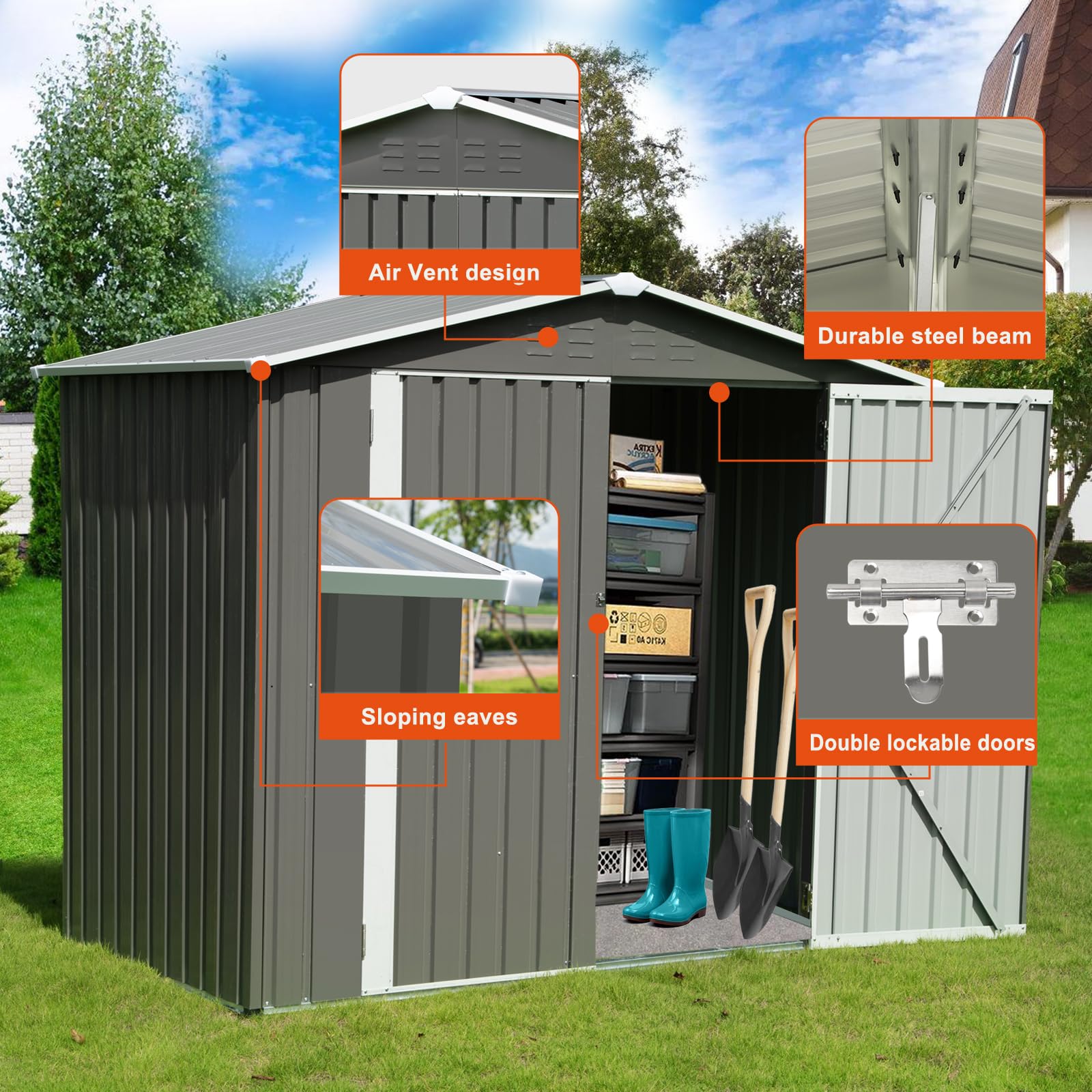 Large 7×4.2 FT Outdoor Resin Storage Sheds, Metal Tool Sheds with Lockable Doors, Heavy Duty Garden Shed for Bike with Vents, Tool Sheds & Outdoor Storage Clearance for Backyard Patio Lawn Ou - WoodArtSupply