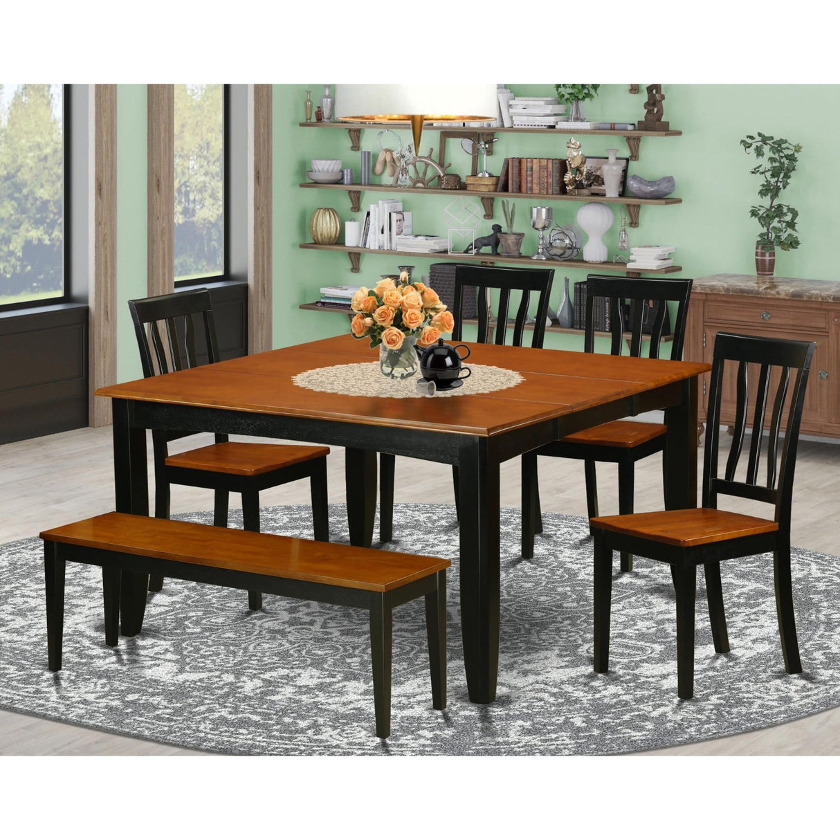 East West Furniture PFAN6-BCH-W 6 Piece Modern Dining Table Set Contains a Square Wooden Table with Butterfly Leaf and 4 Dining Room Chairs with a Bench, 54x54 Inch, Black & Cherry East West Furniture