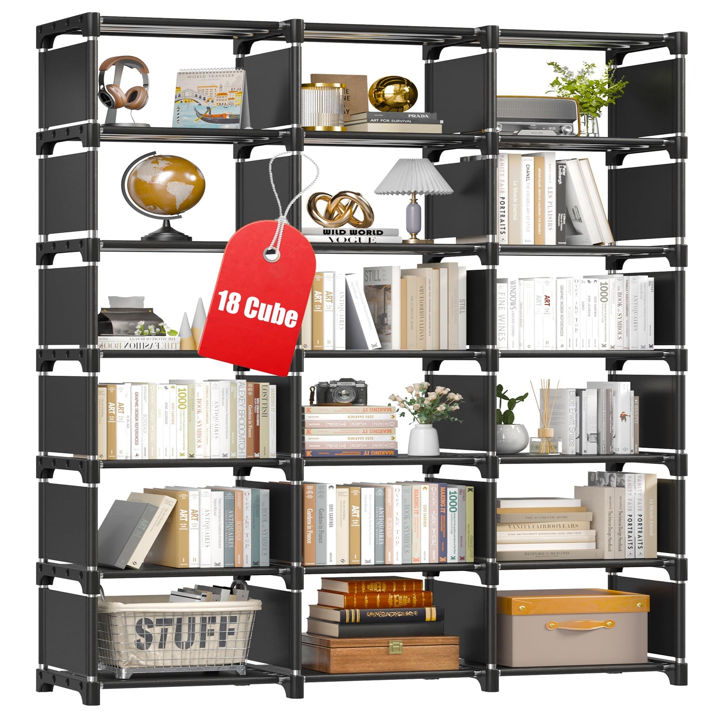 REIBII DIY Multi-Purpose Black Bookshelf with 18 Storage Cubes for Home and Office - WoodArtSupply