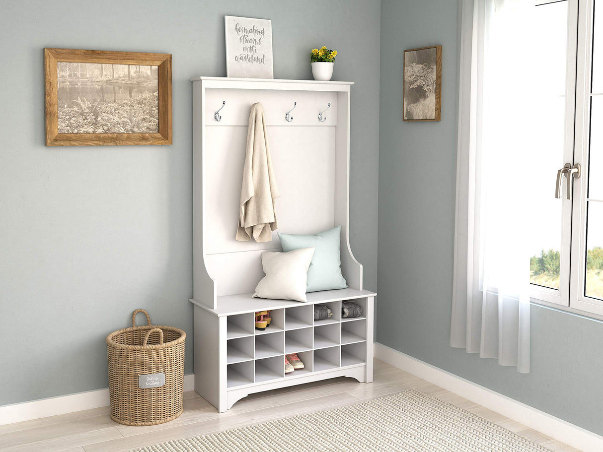 Prepac Entryway Organizer with 4 Coat Hooks, Coat Rack Hall Tree with Bench and Coat Storage, Furniture for Entryway with 15 Cubbies for Shoe Storage, 38” W x 68” H x 15.5” D, White Prepac