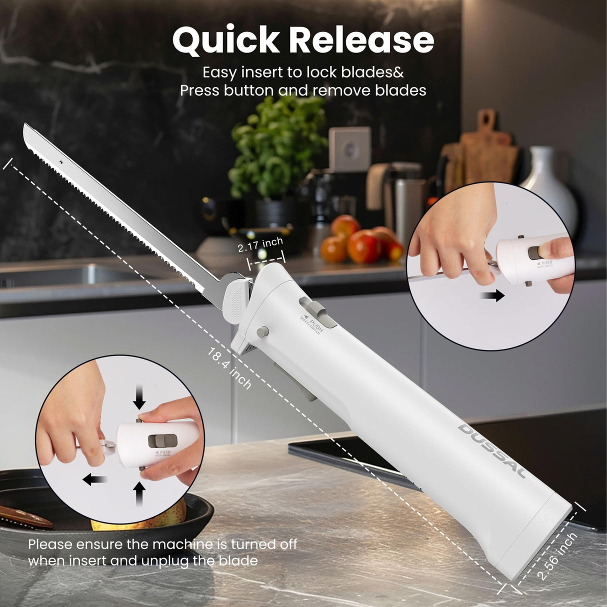 DUSSAL Cordless Electric Knife Rechargeable, Electric Carving Knife, 4 Stainless Steel Blades, Safety Lock Switch, Blade Release Buttons, Carving Meats, Poultry, Bread, Cheese & More (White) D DUSSAL