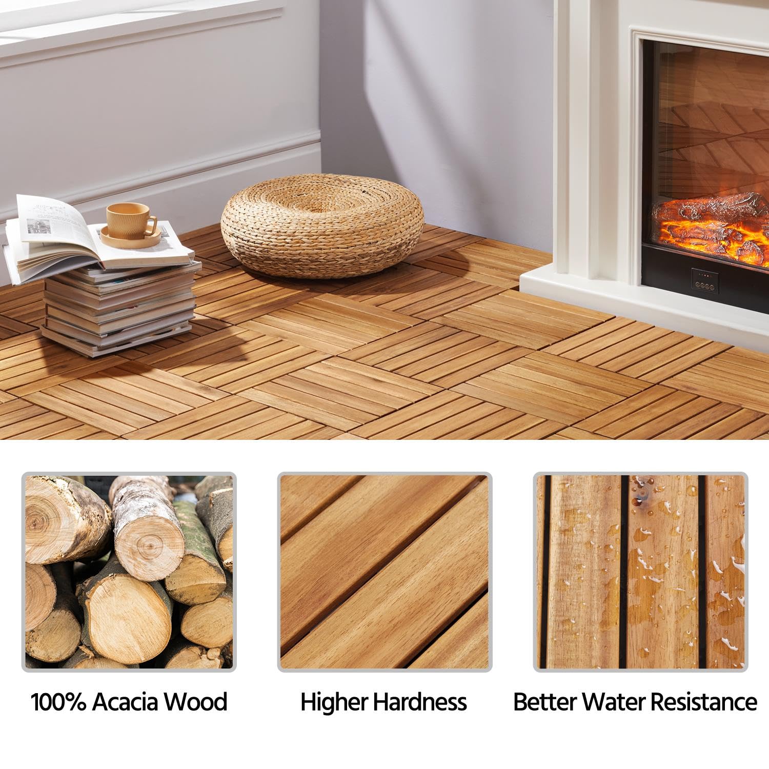 Yaheetech 108PCS Acacia Wood Interlocking Flooring Tiles Waterproof Flooring for Outdoor & Indoor Patio,Balcony,Garden,Poolside,12 × 12 in - WoodArtSupply