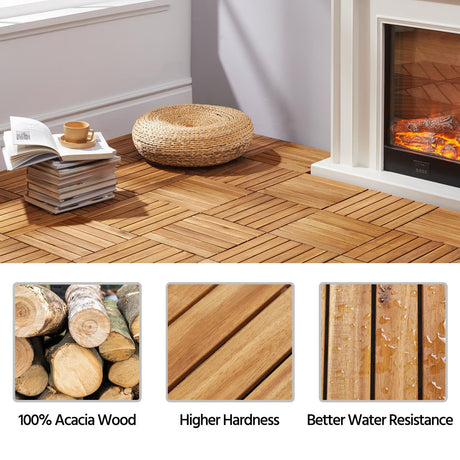 Yaheetech 27PCS Acacia Wood Interlocking Flooring Tiles Waterproof Flooring for Outdoor & Indoor Patio,Balcony,Garden,Poolside,12 × 12 in Yaheetech