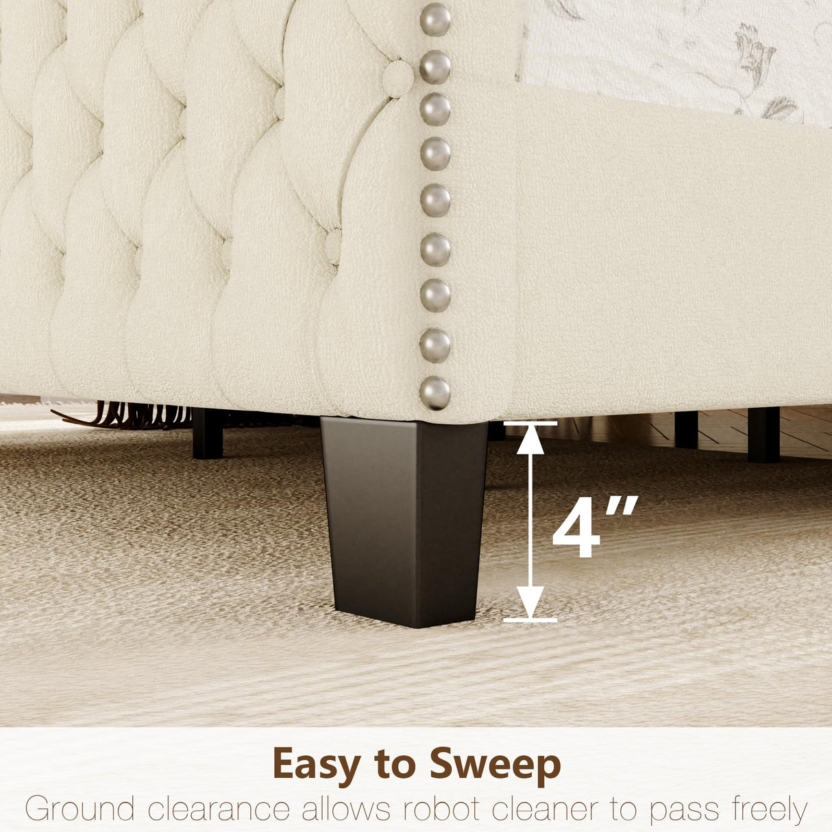 King Bed Frame with 51" Tall Headboard, Velvet Upholstered Platform Bed with Deep Button Tufted, Footboard & Nailhead Trim Wingback, No Box Spring Needed, Noise Free-Beige Konprosp