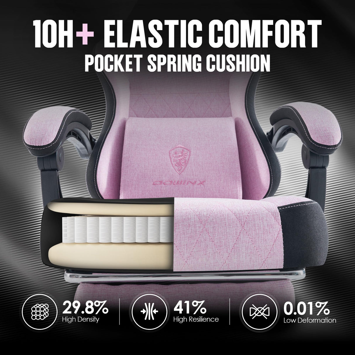 Dowinx Gaming Chair Fabric with Pocket Spring Cushion, High Back Ergonomic Computer Chair with Footrest for Adults, Massage Lumbar Support Swivel Game Chair for Office Gaming 300LBS, Pink Dowinx