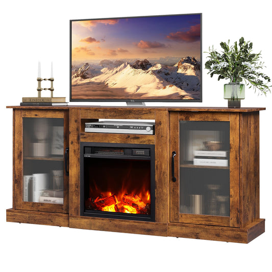 WLIVE Fireplace TV Stand for 65" TV, Entertainment Center with 18 Inch Electric Fireplace, TV Console with Open Shelves for Living Room, Rustic Brown