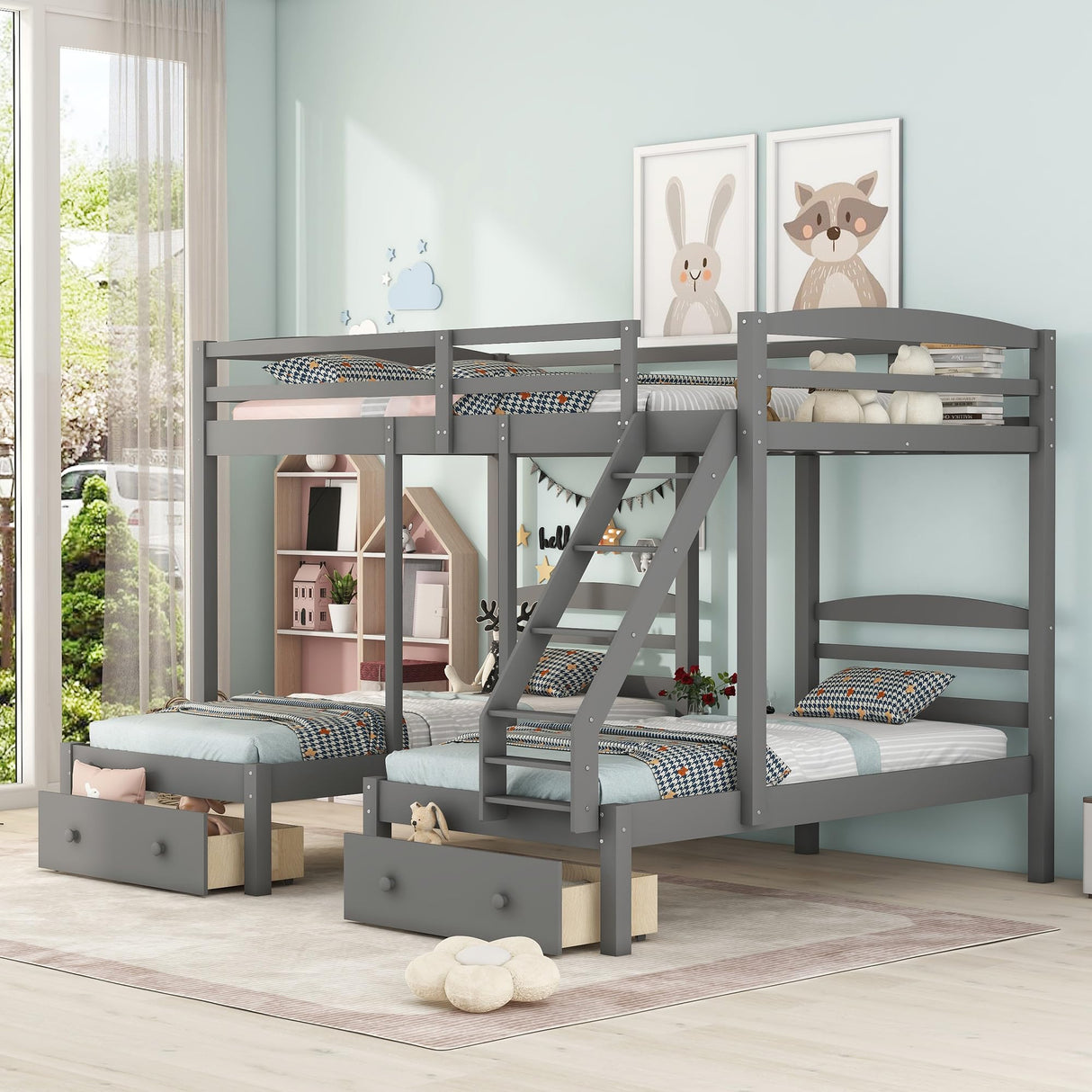 Harper & Bright Designs Triple Bunk Beds with Drawers and Guardrails,Full Over Twin & Twin Bunk Bed with Storage, Wooden Triple Bunk for Kids, Teens,Girls Boys (Gray with Drawers) Harper & Bright Designs