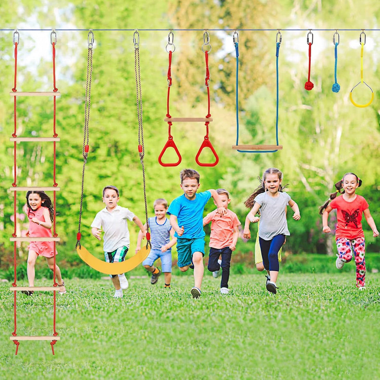 65 Ft Ninja Warrior Kids’ Obstacle Course,Durable Slackline with 11 Obstacles-Swings, Monkey Bars, Arm Trainers & More, Ninja Warrior Obstacle Course with Outdoor Fun for Ages 3+ FAHKNS