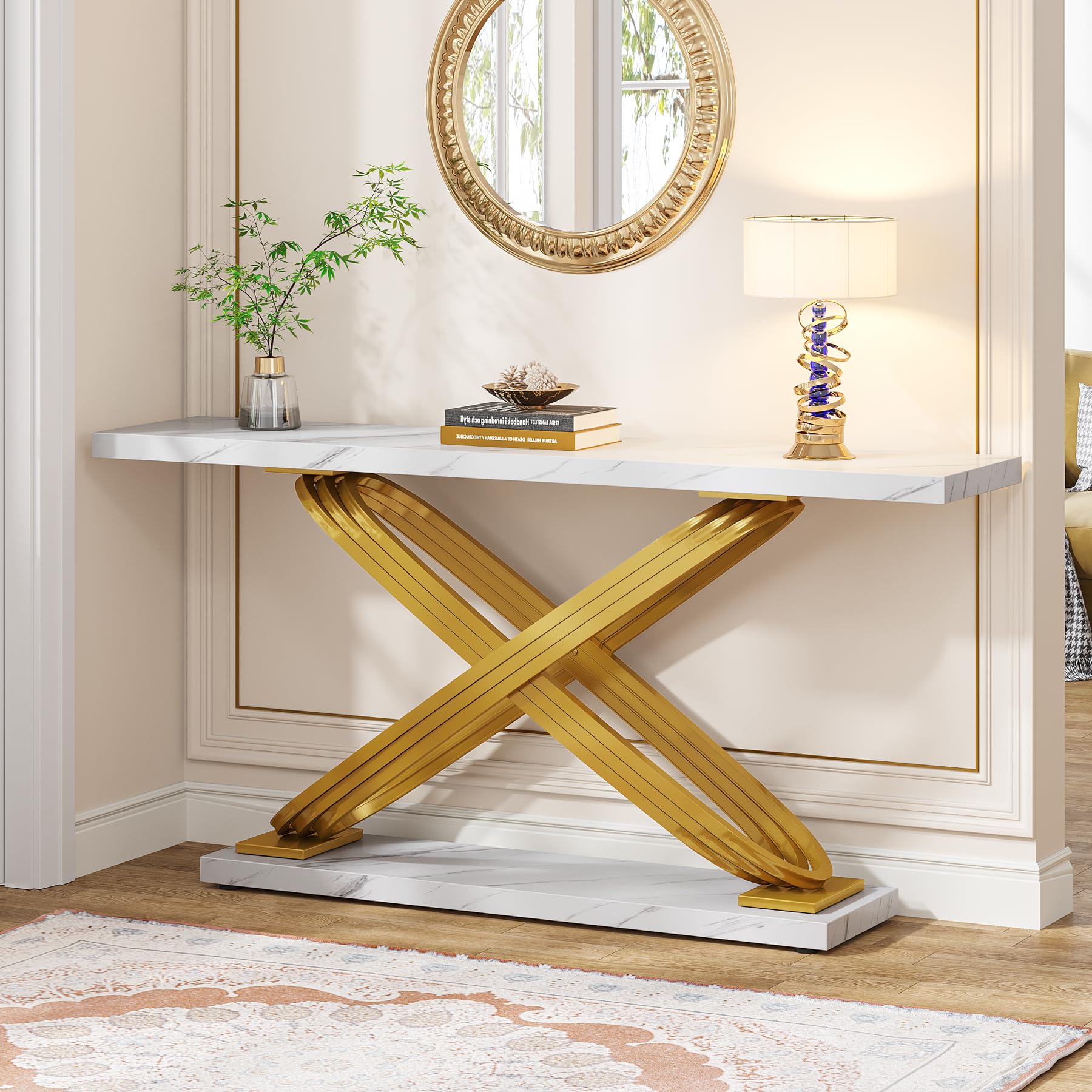 Tribesigns 55 Inch Modern Console Table, Faux Marble Gold Entryway Table Behind Sofa Couch, Narrow Rectangular Sofa Table for Living Room, Bedroom, Front Hall, Hallway, Gold & White - WoodArtSupply