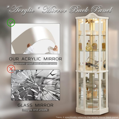 Eyisean Lighted Corner Curio Cabinet with Tempered Glass Doors and Shelves, 72" H Glass Display Cabinet with Curved Top Carving, Light Bulb Included, Rack for Liquor Storage and Living Room (White) Eyisean