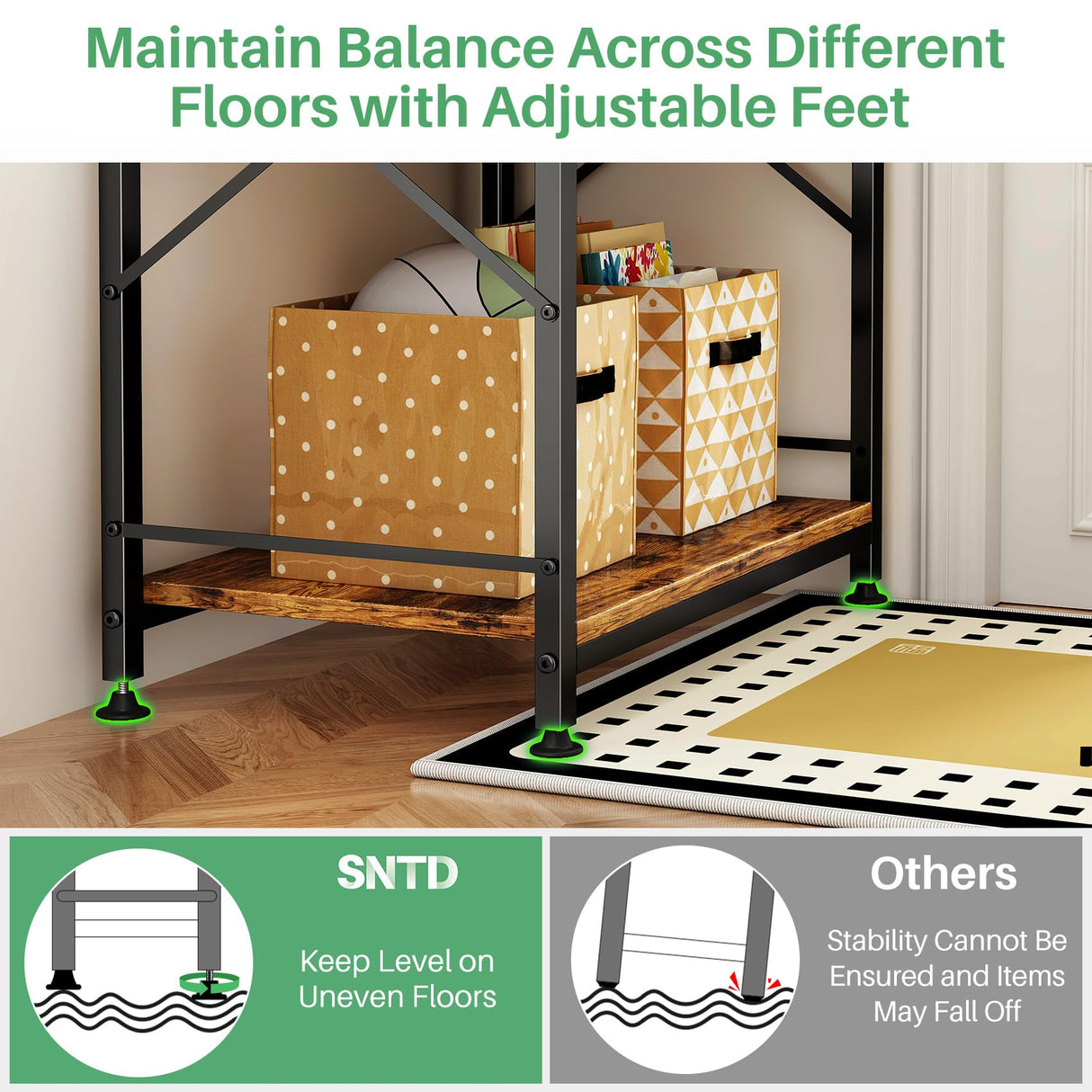 Kitchen Bakers Rack with Power Outlet 10 Hooks, 4 Tiers Coffee Bar Station Cabinet, Microwave Stand with Storage (Rustic Brown, 21.7 x 14.2 x 49.6 Inch) SNTD