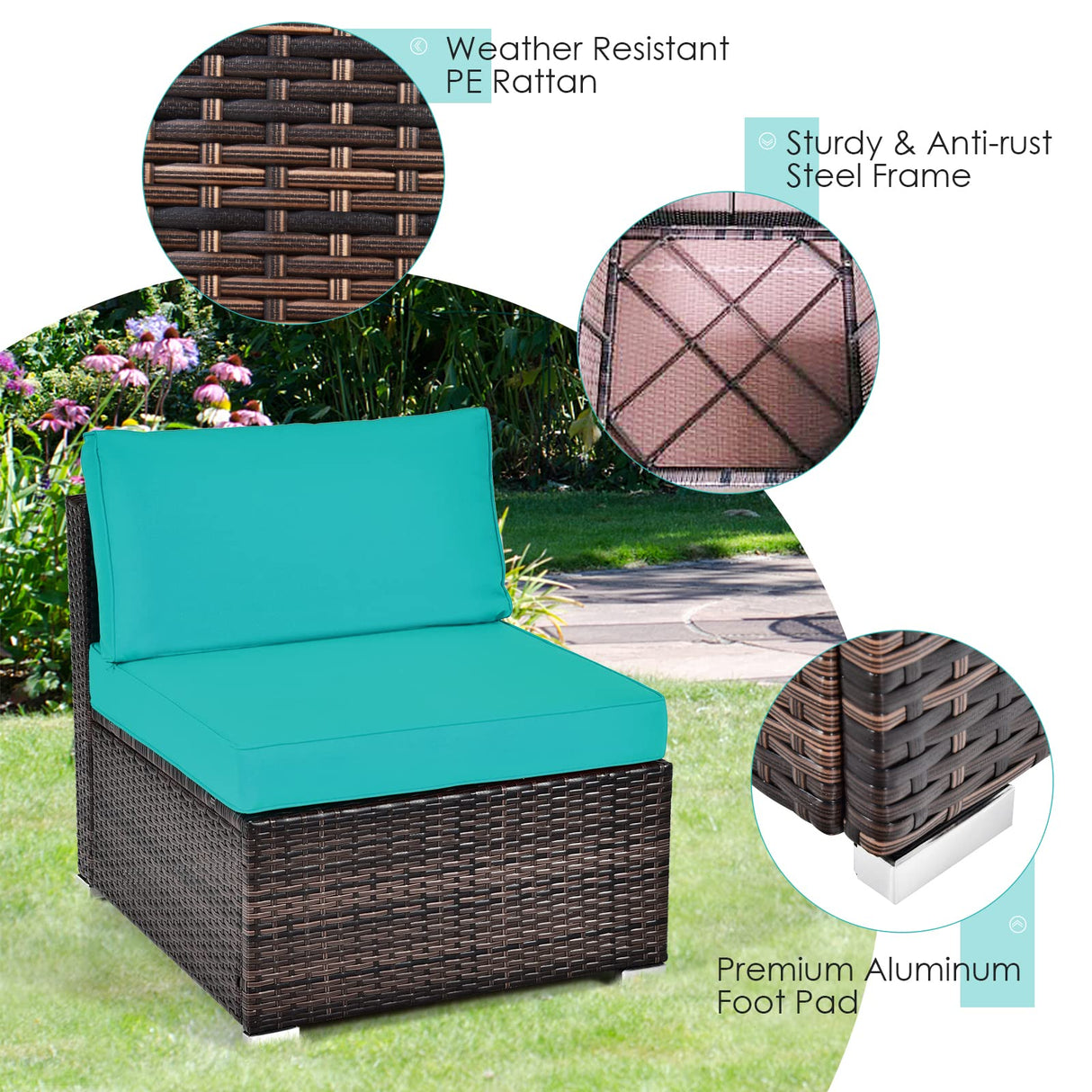 RELAX4LIFE 8-Piece Patio Furniture Set - Rattan Wicker Sectional Sofa Set w/Cushions, 32’’ Outdoor Gas Propane Fire Pit Table & Tank Holder, 40000 BTU Heat Output, PVC Cover for Firepit (Turquoise) RELAX4LIFE