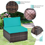 RELAX4LIFE 8-Piece Patio Furniture Set - Rattan Wicker Sectional Sofa Set w/Cushions, 32’’ Outdoor Gas Propane Fire Pit Table & Tank Holder, 40000 BTU Heat Output, PVC Cover for Firepit (Turquoise) RELAX4LIFE