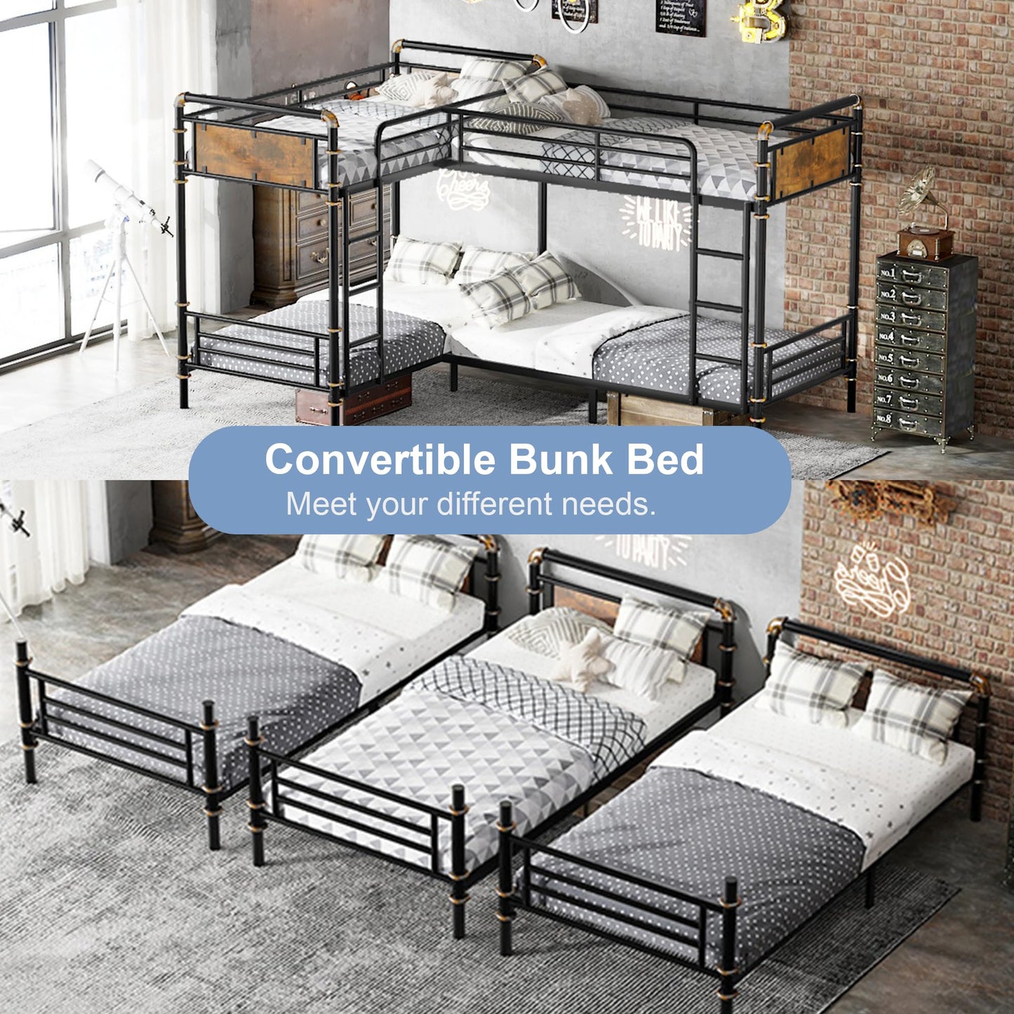 Mirightone Quad Bunk Bed, Heavy Duty Metal 4 Bunk Beds for Kids with Ladders, Detachable Industrial L-Shaped Bunk Beds, Space Saving Design,Can Be Divided Into 3 Twin Beds, Black