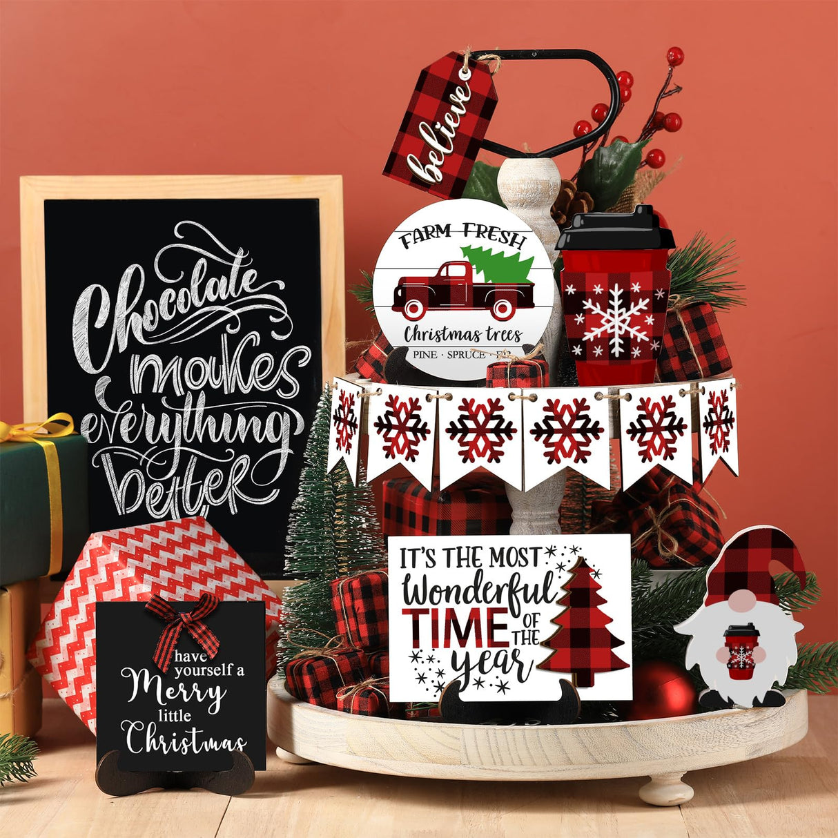 Jetec 12 Pcs Christmas Tiered Tray Decor - Red & Black Buffalo Plaid, Snowflake, Tree, Gnome, Truck - Wooden Signs - Farmhouse Decoration Centerpieces Christmas Decor for Home, Table, Shelf Jetec
