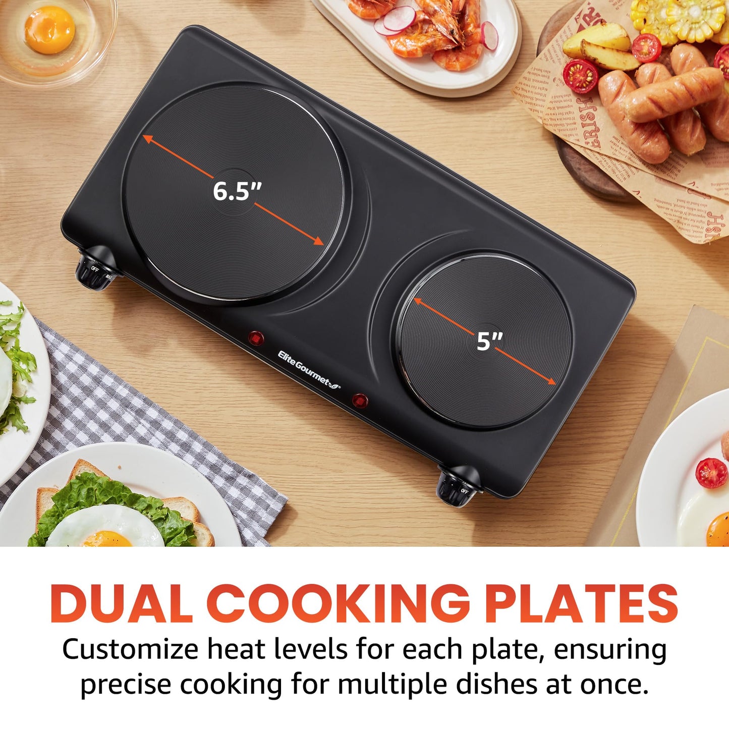 Elite Gourmet EDB-302BF# Countertop Double Cast Iron Burner, 1500 Watts Electric Hot Plate, Temperature Controls, Power Indicator Lights, Easy to Clean, Black