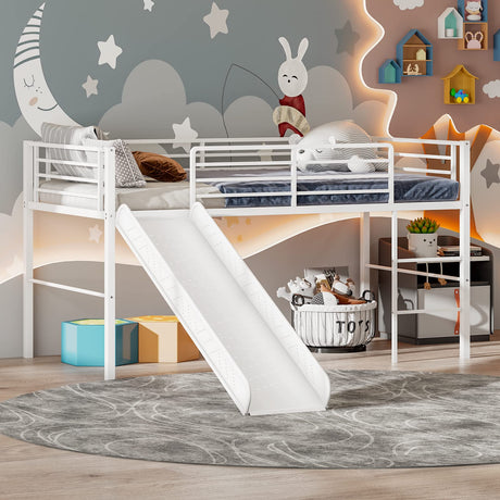 Giantex Twin Loft Bed with Slide, Metal Low Bunk Bed w/Safety Guardrails & Built-in Ladder, Toddler Bed Floor Frame for Boys & Girls, No Box Spring Needed (White) Giantex