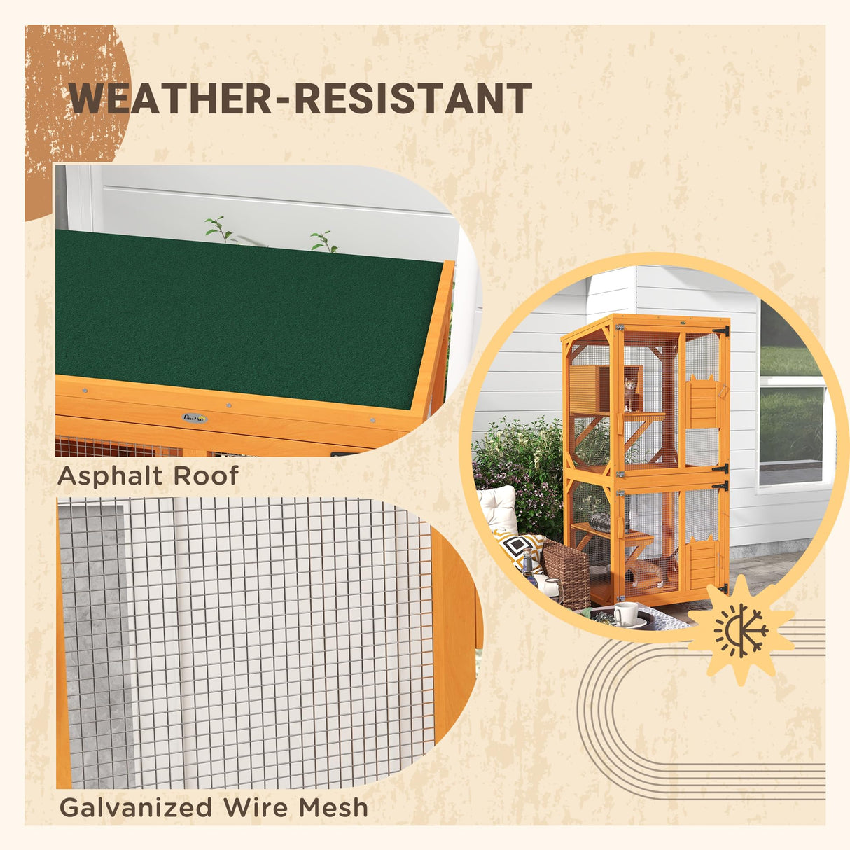 PawHut Wooden Catio with Waterproof Roof, Large Cat House with High-Up Resting Box, Indoor & Outdoor Cat Enclosure with Wheels, for 1-3 Cats, Orange PawHut