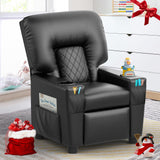 FURNIMAT Kids Recliner Chair, Leather Push Back Kids Reclining Chair with Cup Holders & Side Pockets, Safety Adjustable Footrest Toddler Recliner for Age 3+, Kid Recliners for Girls Boys, Black FURNIMAT