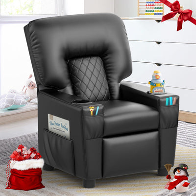 FURNIMAT Kids Recliner Chair, Leather Push Back Kids Reclining Chair with Cup Holders & Side Pockets, Safety Adjustable Footrest Toddler Recliner for Age 3+, Kid Recliners for Girls Boys, Black