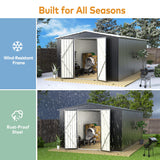 EASYHAWK 10 x 14 FT Outdoor Storage Shed, Metal Waterproof Storage Shed Steel Utility Garden Tool Shed with Door & Lock Outdoor Storage,All-Weather Shelter for Bike, Gardening Tools, Lawn Mowers EASYHAWK