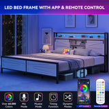 DWVO Farmhouse King Bed Frame with Headboard, Platform Bed with LED Lights and Charging Station, Sliding Barn Door, Solid Metal Slats, No Box Spring Needed (White) DWVO