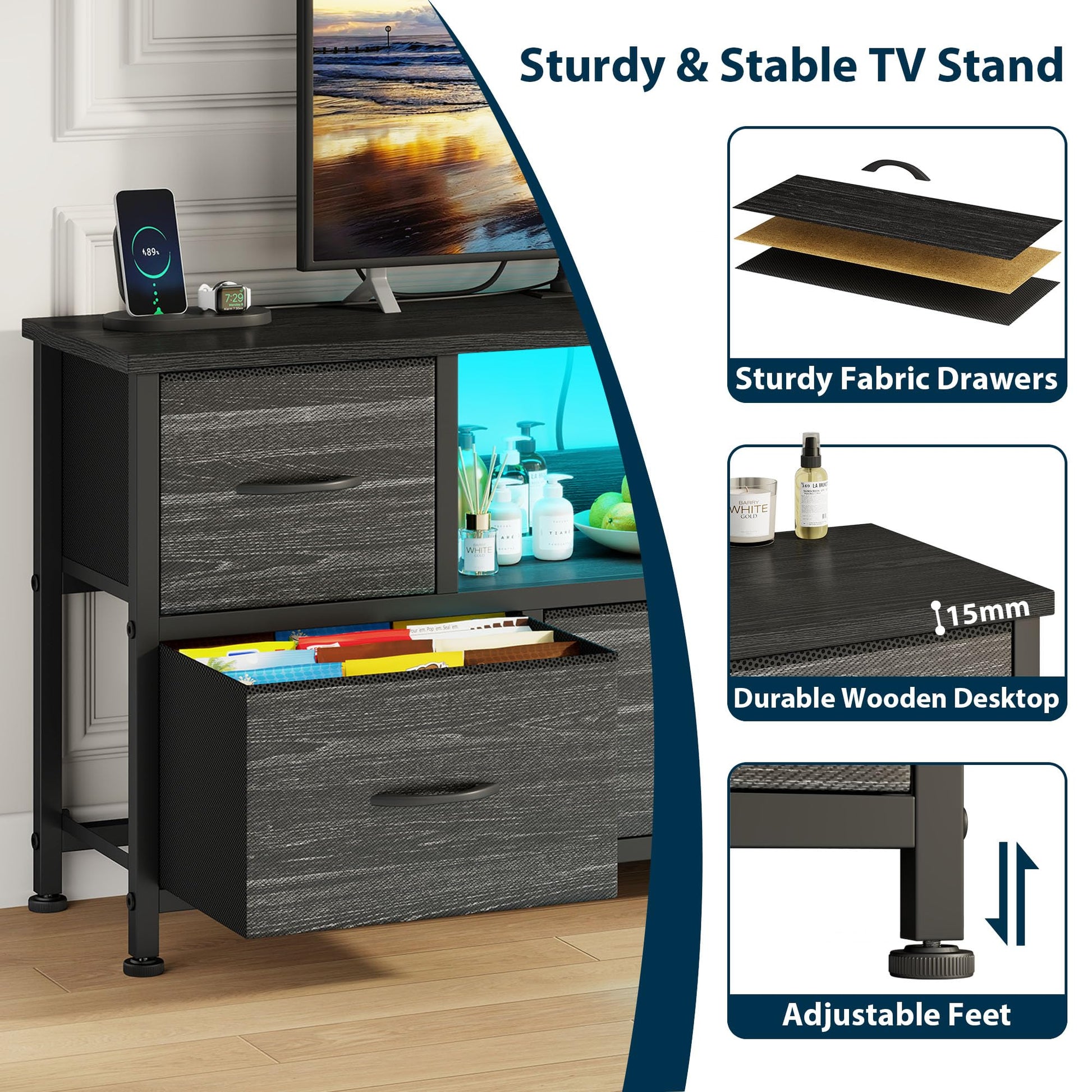 Lulive TV Stand Dresser for Bedroom with LED Light, Entertainment Center for 55 inch TV, 5 Drawer Dresser TV Stand with Power Outlets, Adjustable Feet for Living Room Bedroom, Charcoal Black - WoodArtSupply