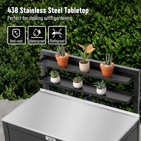 Garden Potting Bench with Storage Cabinet,Outdoor Gardening Table & Work Bench for Plants, Horticulture,Outdoor Workstation with Stainless Steel Tabletop,Outdoor Work Table with Elevated Rack Feasto