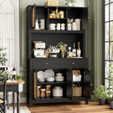 FINETONES 71" Kitchen Pantry Cabinet, Black Pantry Cabinet with Microwave Stand & Charging Hole, Freestanding Kitchen Hutch with Drawers and Adjustable Shelves, Kitchen Rattan Cabinet for Kitchen FINETONES