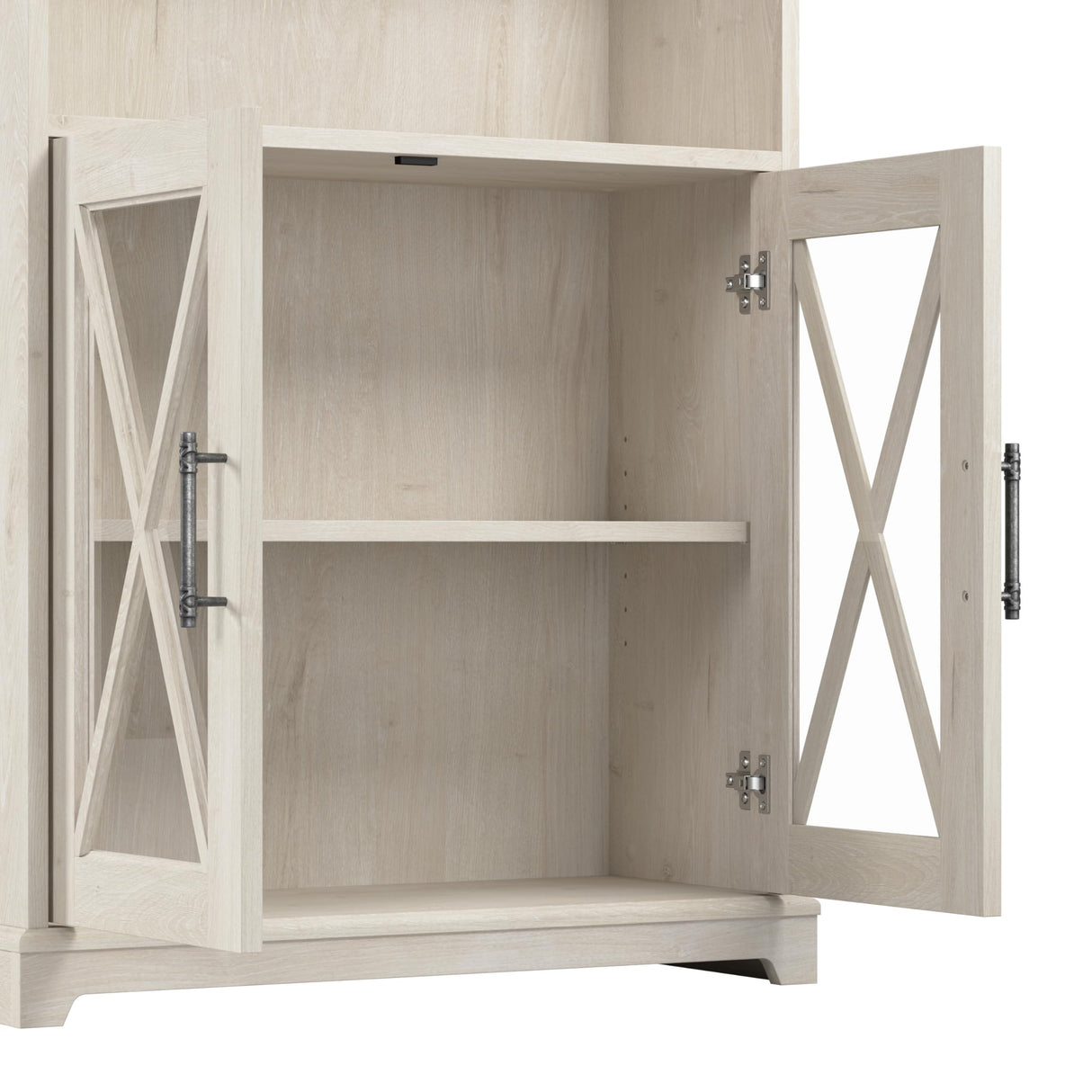 Lennox Tall 5 Shelf Bookcase with Glass Doors in Linen White Oak - Stylish Farmhouse Storage Solution Bush Business Furniture