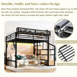 Queen Loft Beds with Storage Beside Shelves and Wardrobe, Metal Loft Bed Queen with LED Lights and USB Ports, Heavy-Duty Loft Bed Frame for Teens, Adults, Noise-Free & Space-Saving, Black Bellemave