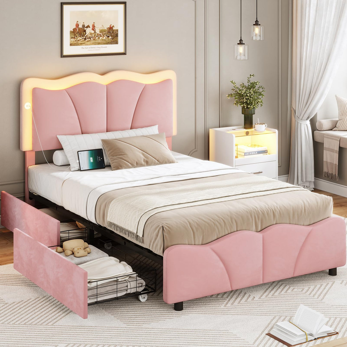 MSmask Twin Bed Frames with 4 Storage Drawers and LED Lights, Velvet Upholstered Platform Bed Frame with Height Adjustable Headboard, LED Bed Frame with Type C & USB, No Box Spring Needed, Pink MSmask