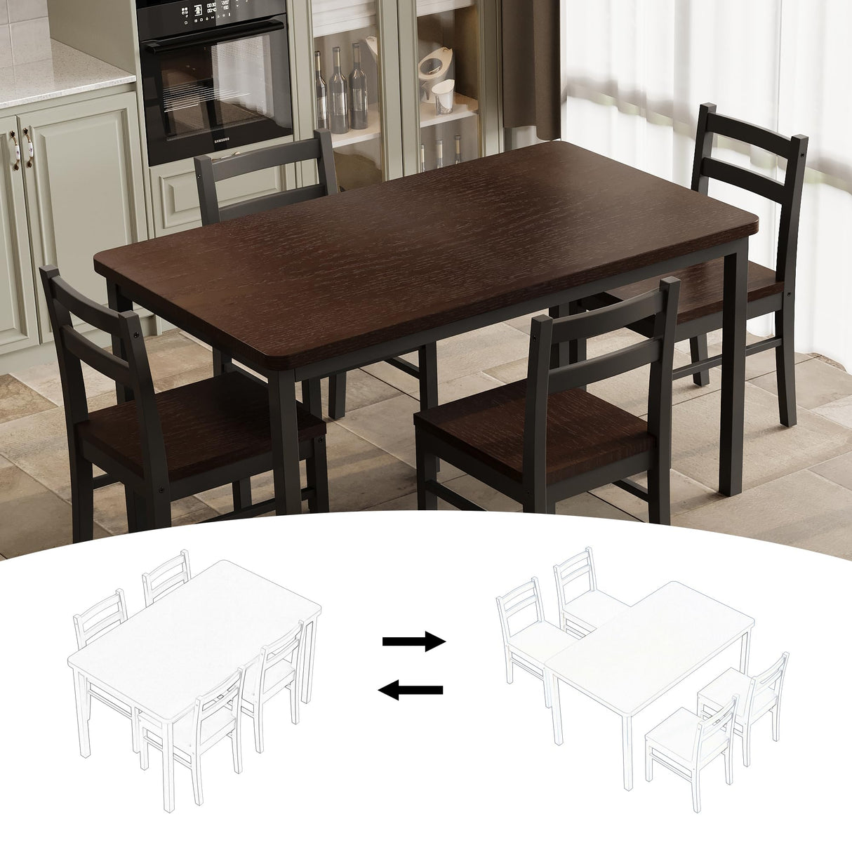 Orweiin Solid Wood Dining Table Set for 4, Farmhouse Rectangular Table and 4 Chairs Set for Kitchen, Living Room, Dining Room, Breakfast Nook, Brown+Black Orweiin