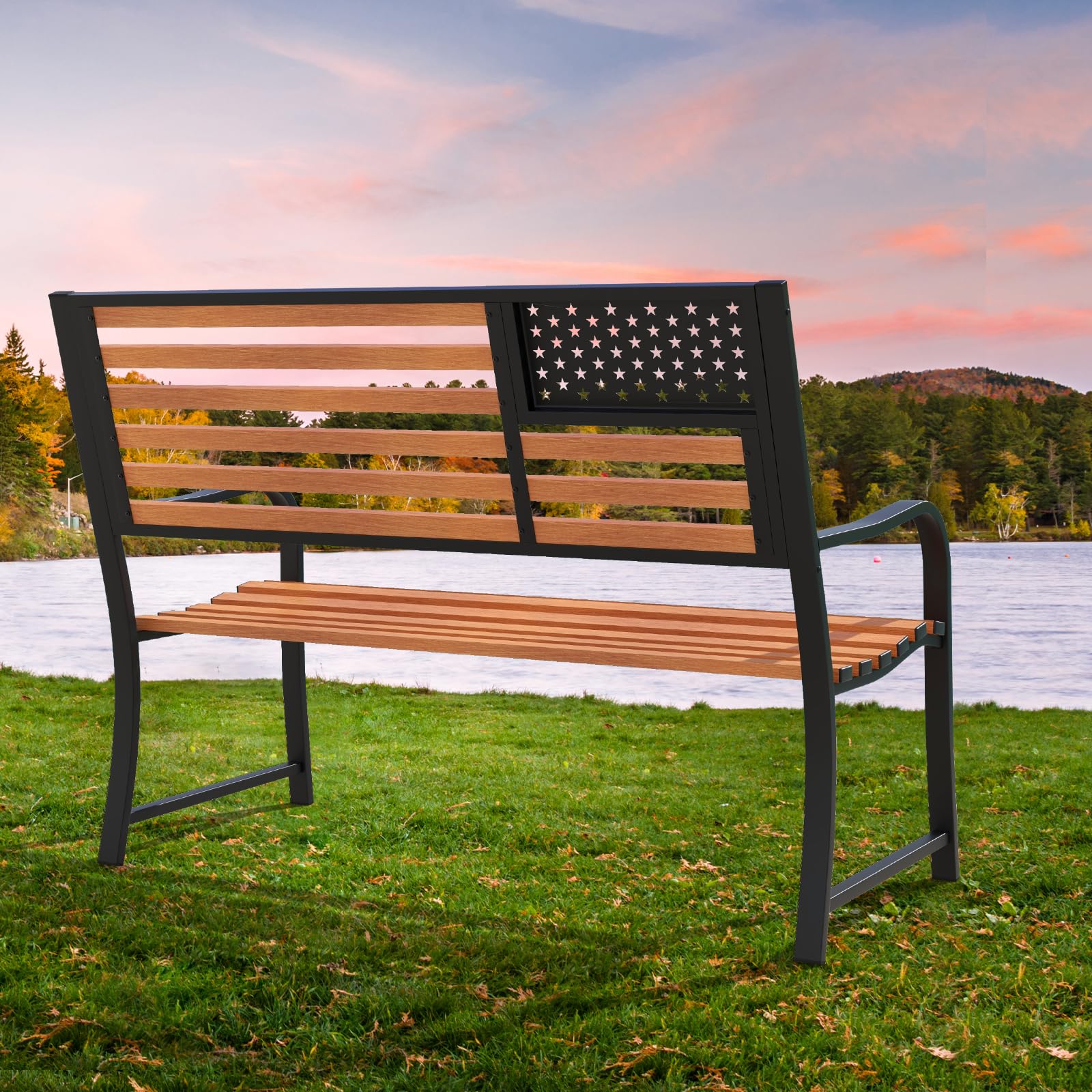 Tangkula 50” Patriotic Metal Garden Bench for 2 with Rustic Wood Finish and Ergonomic Design - WoodArtSupply