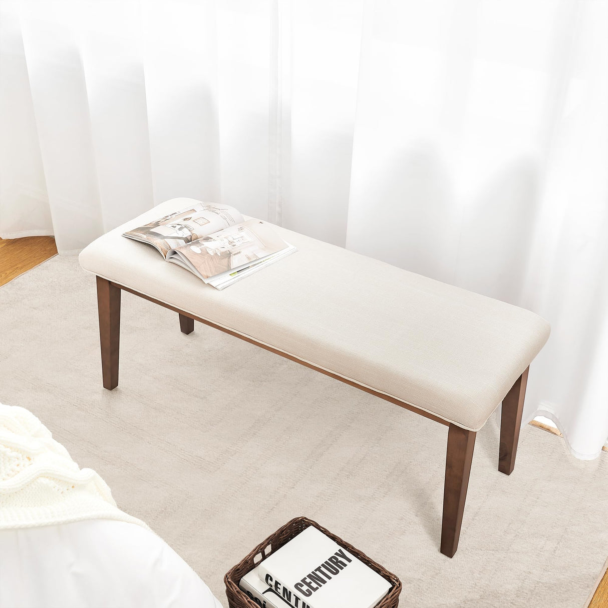 kinmars Upholstered Bench for Bedroom End of Bed,42.5-inch Entryway Bench for Living Room,Dining Bench with Padded Seat and Solid Wood Leg for Kitchen Bedroom,Indoor and Hallway (Bench, Beige) kinmars