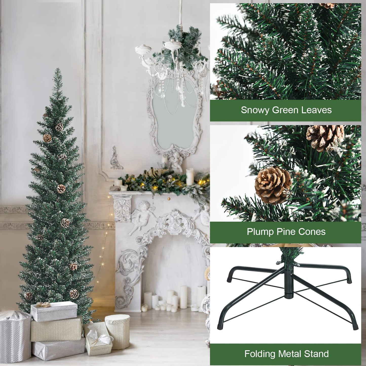 Goplus 5ft Artificial Pencil Christmas Tree, Snow Flocked Slim Xmas Tree W/ 25 Pine Cones, Folding Metal Stand, 214 PVC Branch Tips, Snowy Pine Tree for Home Office Indoor Décor