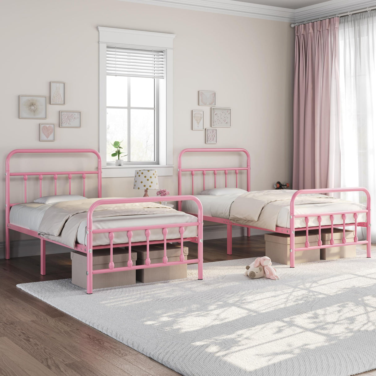 Yaheetech Classic Metal Platform Bed Frame Mattress Foundation with Victorian Style Iron-Art Headboard/Footboard/Under Bed Storage/No Box Spring Needed/Twin Size Pink Yaheetech