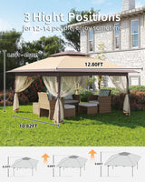 Garveelife Canopy Tent 13x13, Pop Up Gazebo Tent Easy Setupwith 4 Sand Bags for Backyard Garden Patio,Mosquito Netting & Height Adjustable - Khaki Garveelife