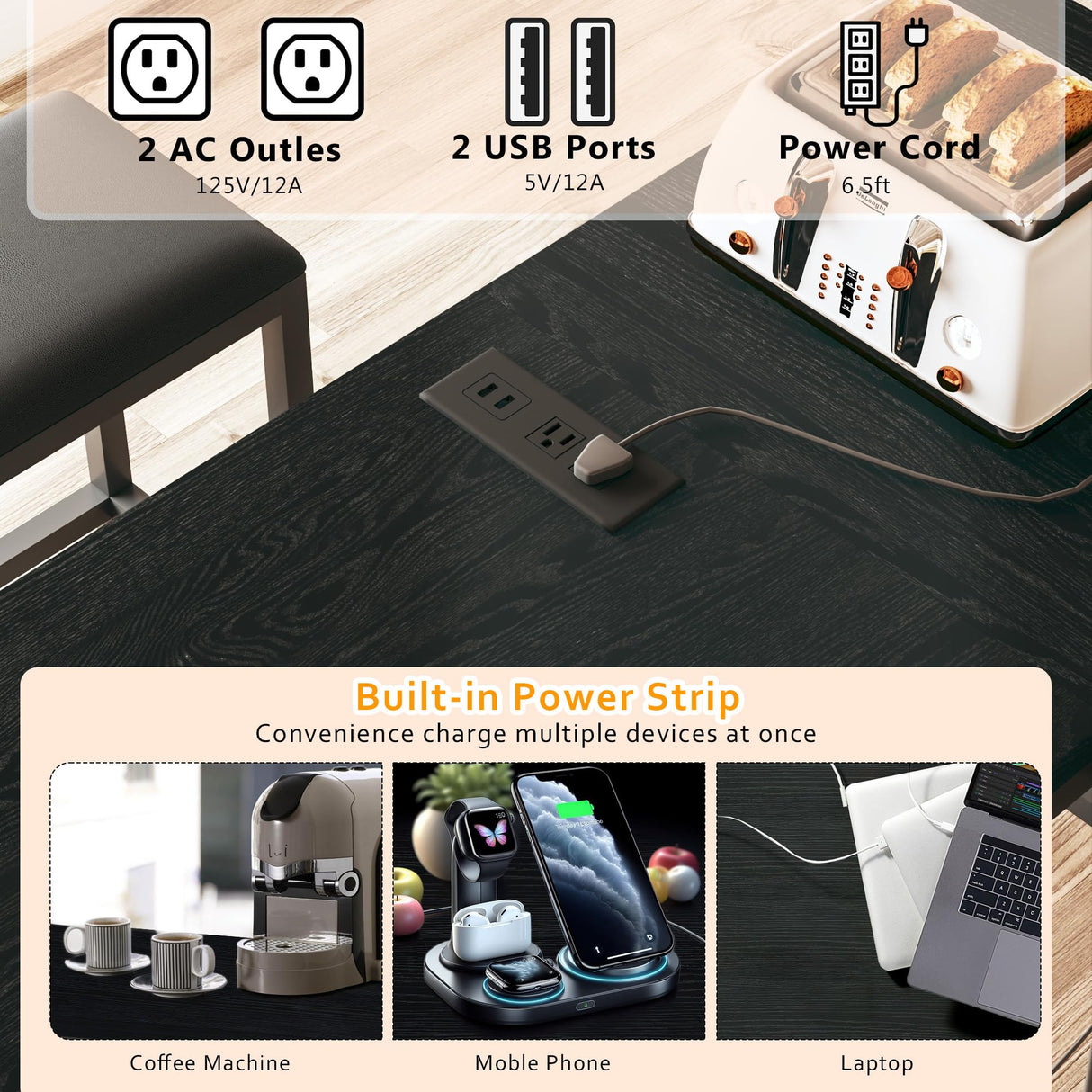 HUAHUU Bar Table and Chairs Set for 2-4, 63'' Convertible L-Shaped Kitchen Table with Power Outlets, 3 Piece Counter Height Small Dining Table with 2 Stools, Space Saving, Breakfast Nook Corner, Black HUAHUU