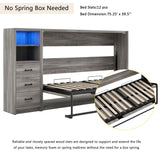 Twin Horizontal Murphy Bed with Storage & LED Lighting,Wood Space-Saving Hideaway Folding Farmhouse Murphy Wall Bed Cabinet for Adults (Grey,Twin w/Storage) MERITLINE