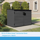 Suncast 70 Cu Ft Stow-Away Horizontal Outdoor Shed - Small Outdoor Storage Shed, Lockable & Weatherproof Resin Plastic, Fits Two 96-Gallon Trash Cans, Bikes, Lawn Mowers, or Garden Tools, Peppercorn Suncast