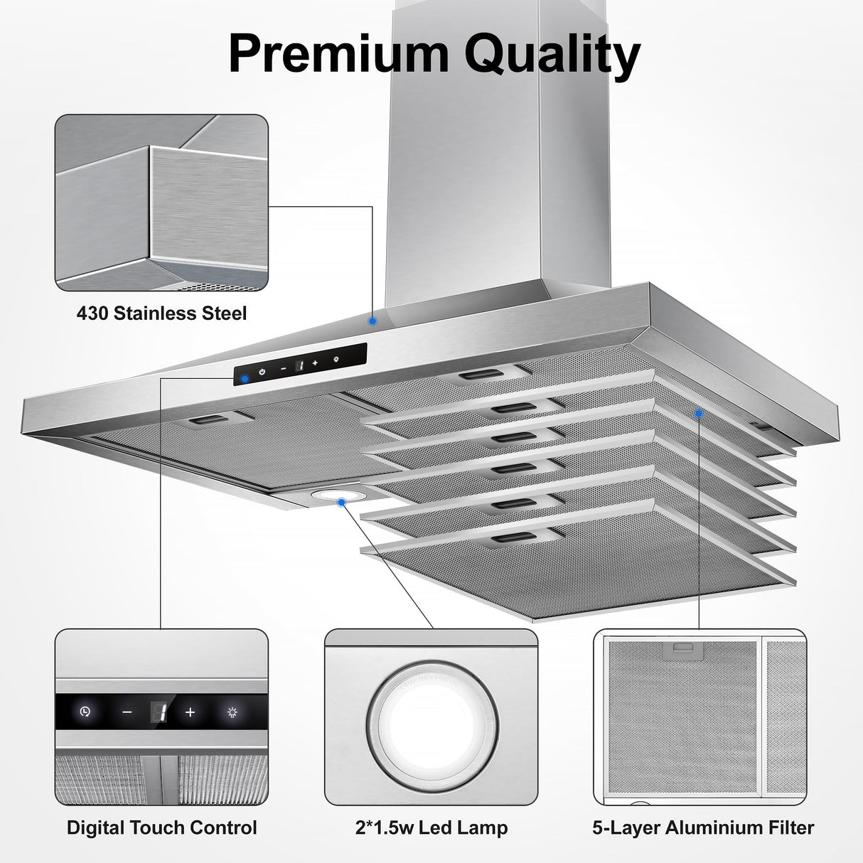 Tieasy Range Hood 30 inch Wall Mount, Kitchen Vent Hood 450 CFM in Stainless Steel, Stove Vent Hood with Ducted Convertible Ductless, Touch Switch, LEDs Light, 3-Speed Fan, Aluminum Filters Tieasy