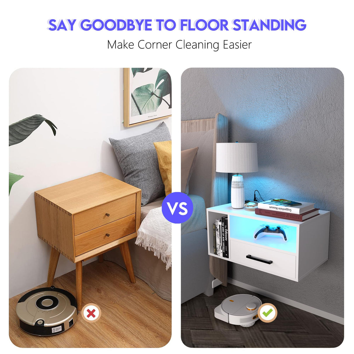 Homaterial Floating Nightstand with Charging Station and LED Lights, Floating Bedside Table with Drawers Wall Mounted Nightstands,for Bedroom Room, 21.3" x 11.8" x 10",White Homaterial