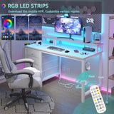 Lufeiya White Desk with 4 Drawers - 47 inch Gaming Desk with Monitor Stand, Computer Gaming Desk with LED Lights Power Outlets and Storage Bag Fabric Drawer for Home Office, Bedroom, White Lufeiya